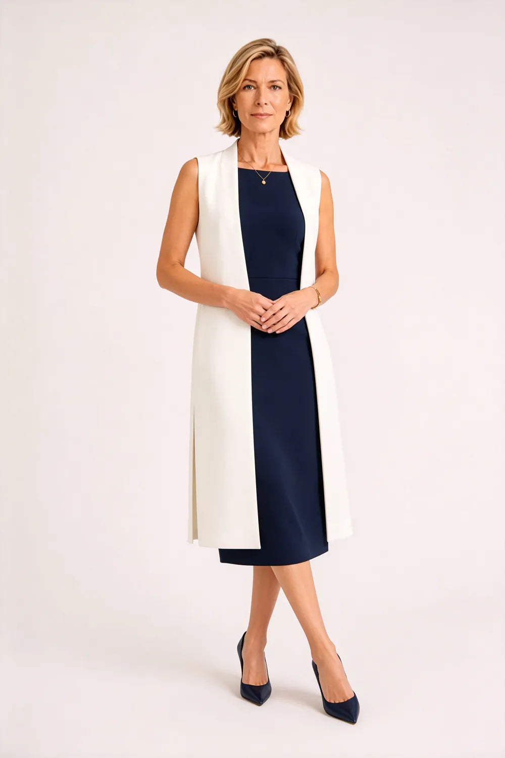 Sleeveless Sheath Midi Dress with Long Vest