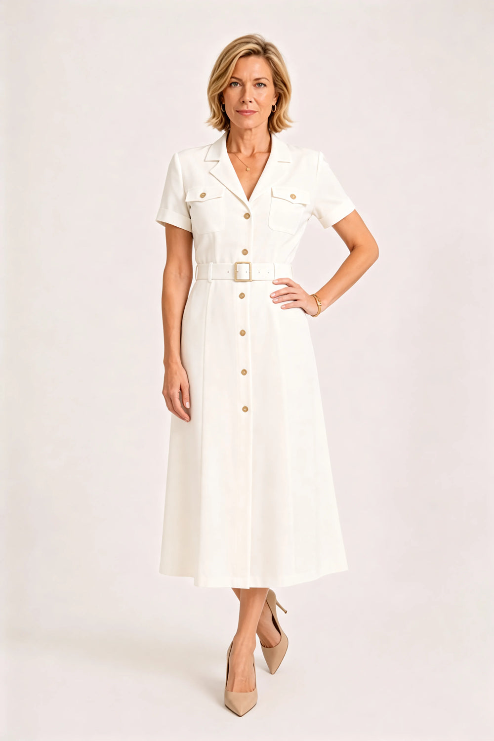 V-Neck Belted Midi Dress