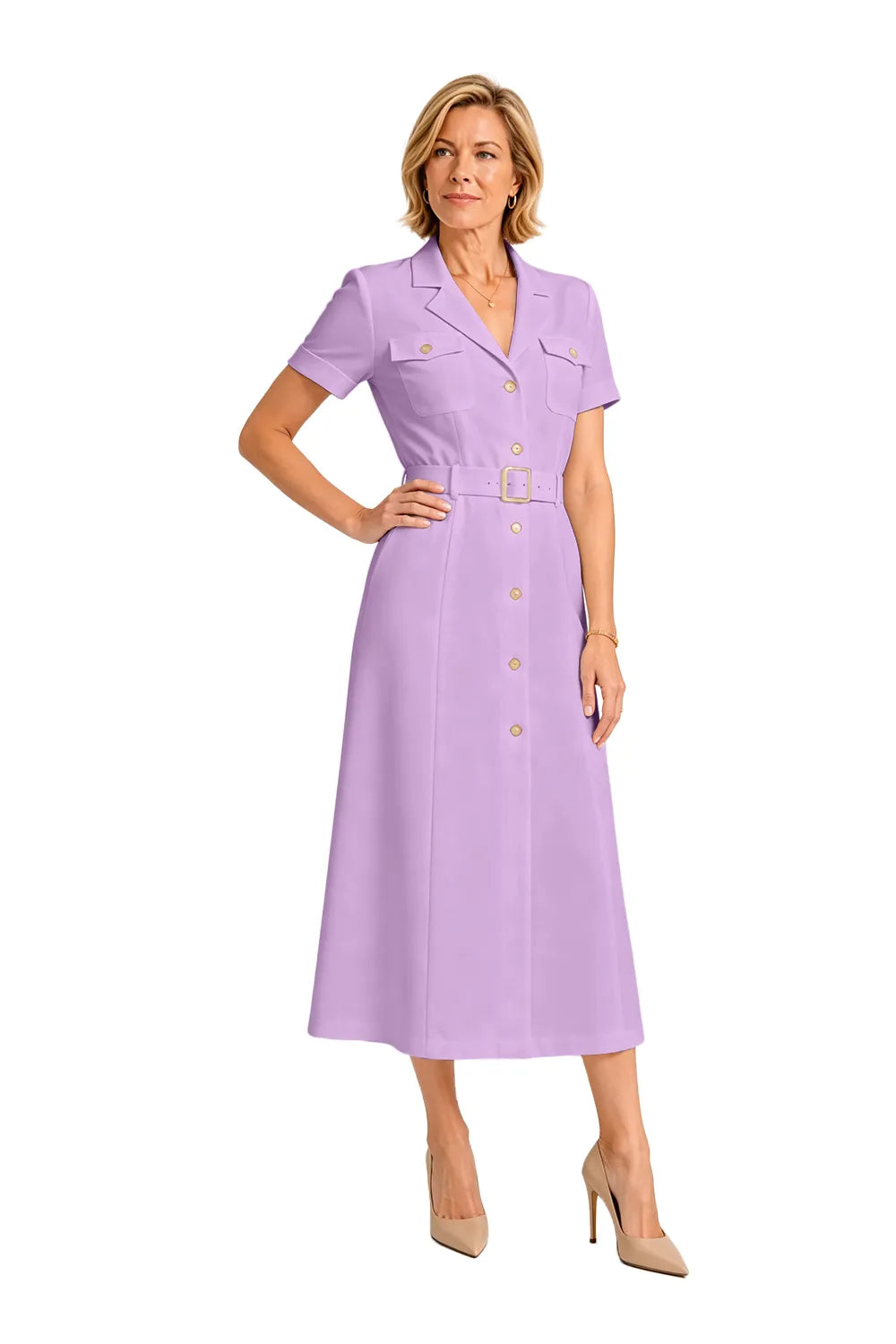 V-Neck Belted Midi Dress