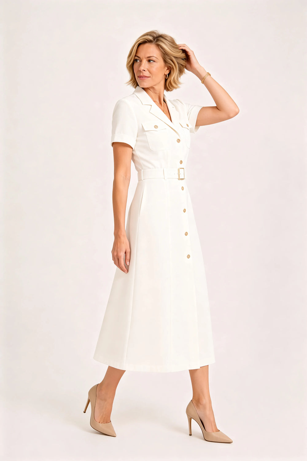 V-Neck Belted Midi Dress
