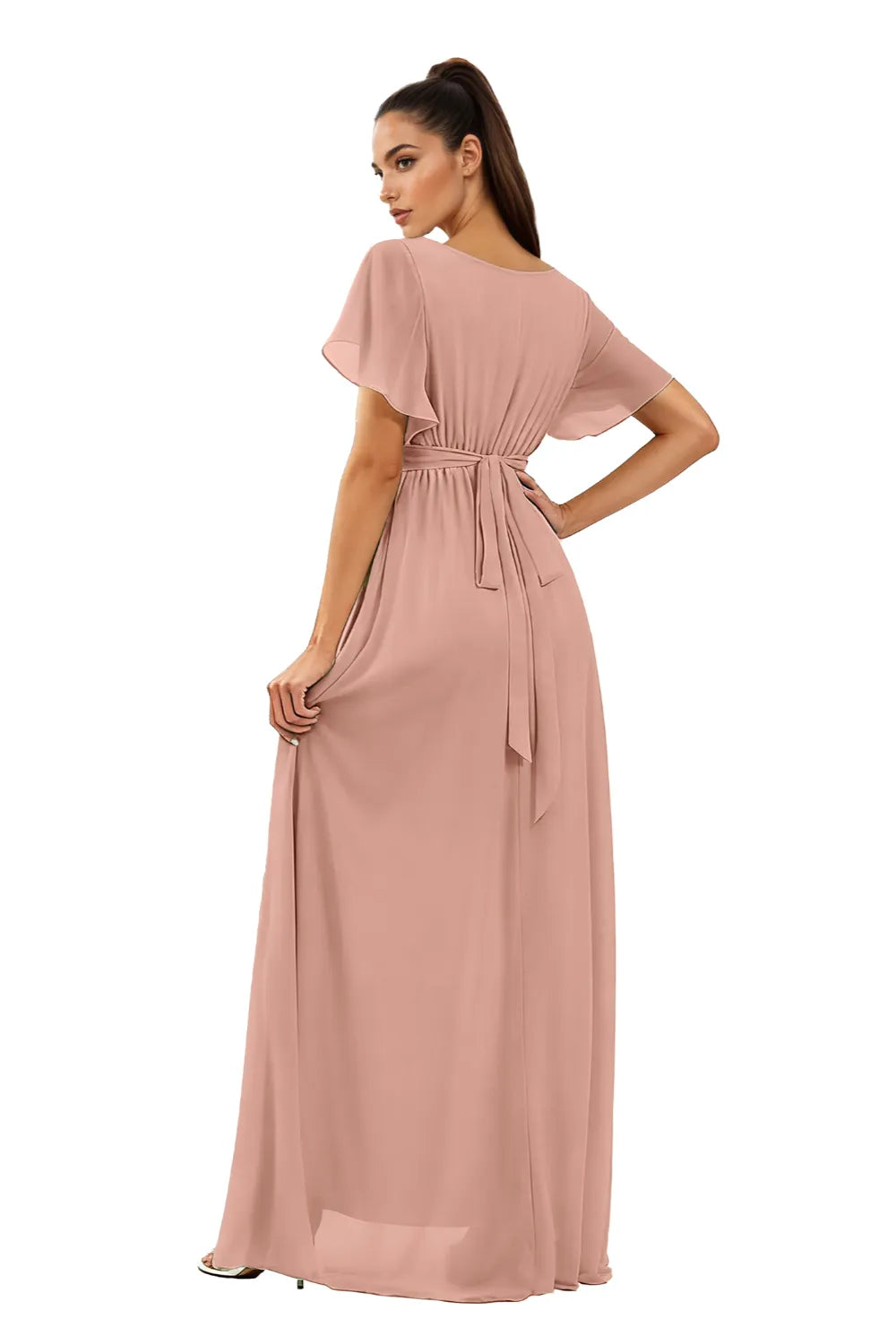 Elegant V-Neck Chiffon Maxi Dress with Ruffle Sleeves