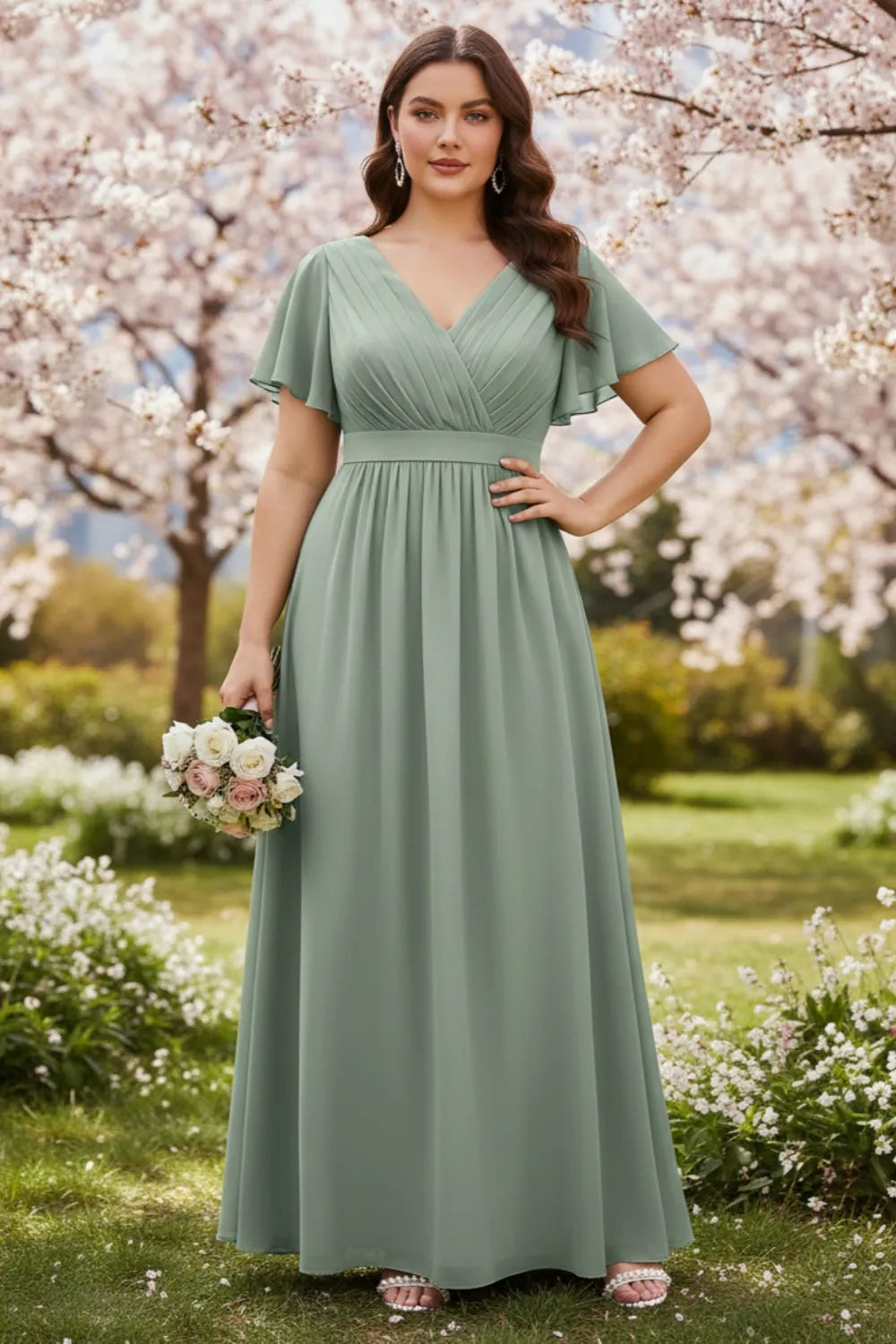 Elegant V-Neck Chiffon Maxi Dress with Ruffle Sleeves