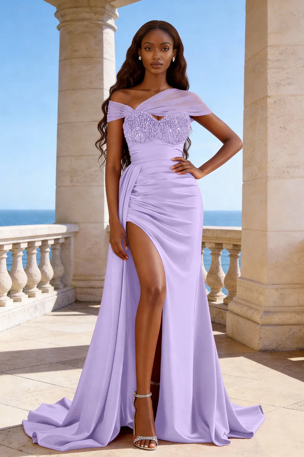 Mermaid Satin Evening Gown with Beaded Top and Slit