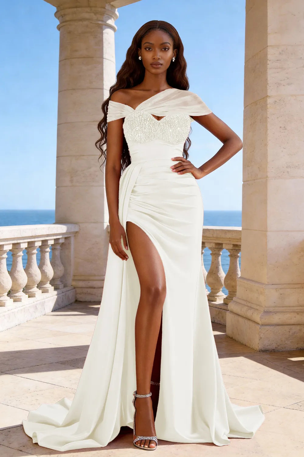 Mermaid Satin Evening Gown with Beaded Top and Slit