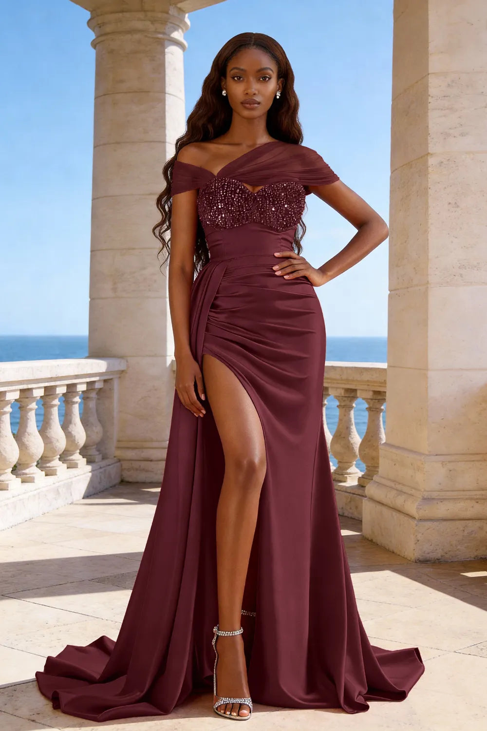 Mermaid Satin Evening Gown with Beaded Top and Slit