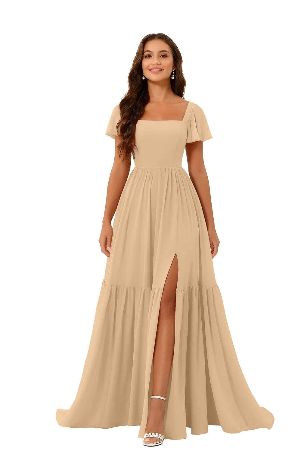 Square Neck Chiffon Bridesmaid Maxi Dress