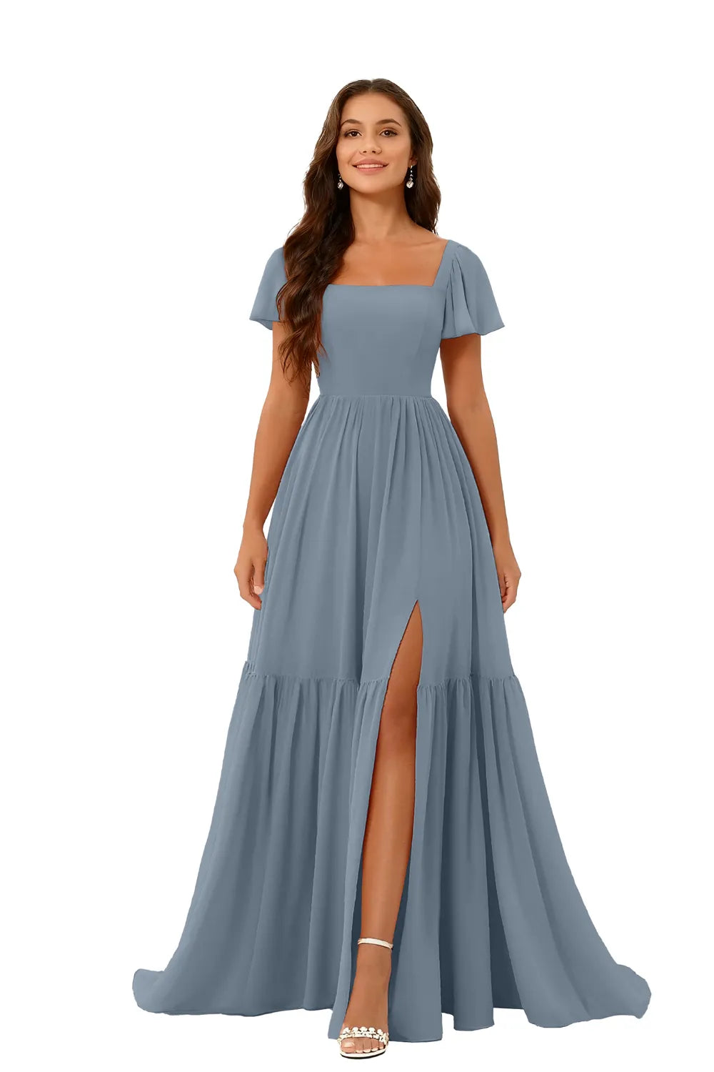 Square Neck Chiffon Bridesmaid Maxi Dress