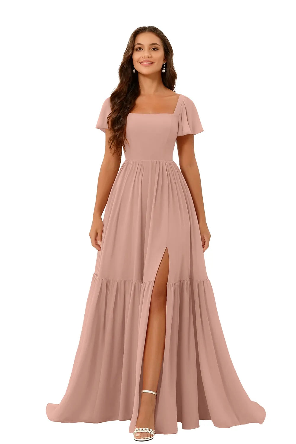 Square Neck Chiffon Bridesmaid Maxi Dress