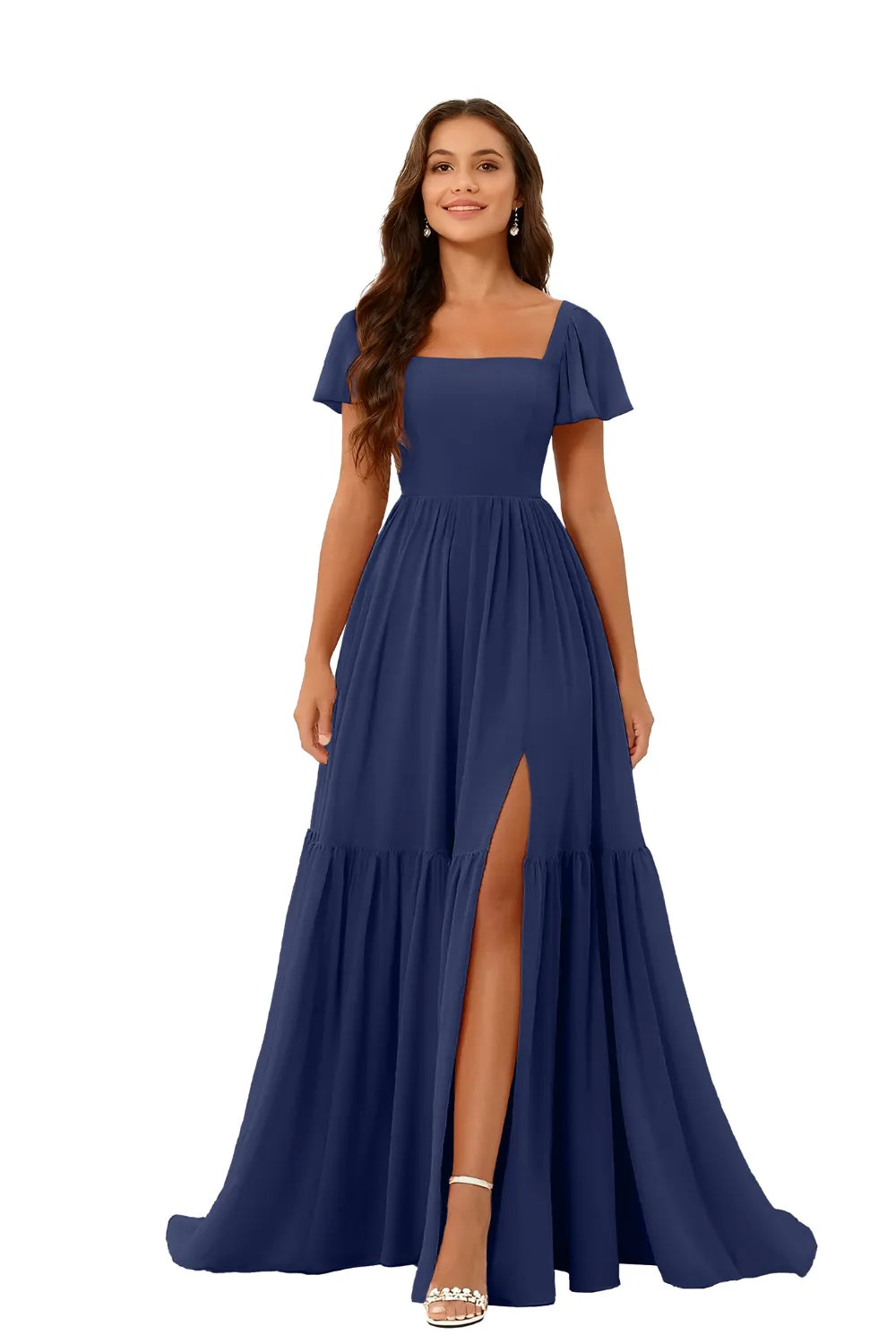 Square Neck Chiffon Bridesmaid Maxi Dress