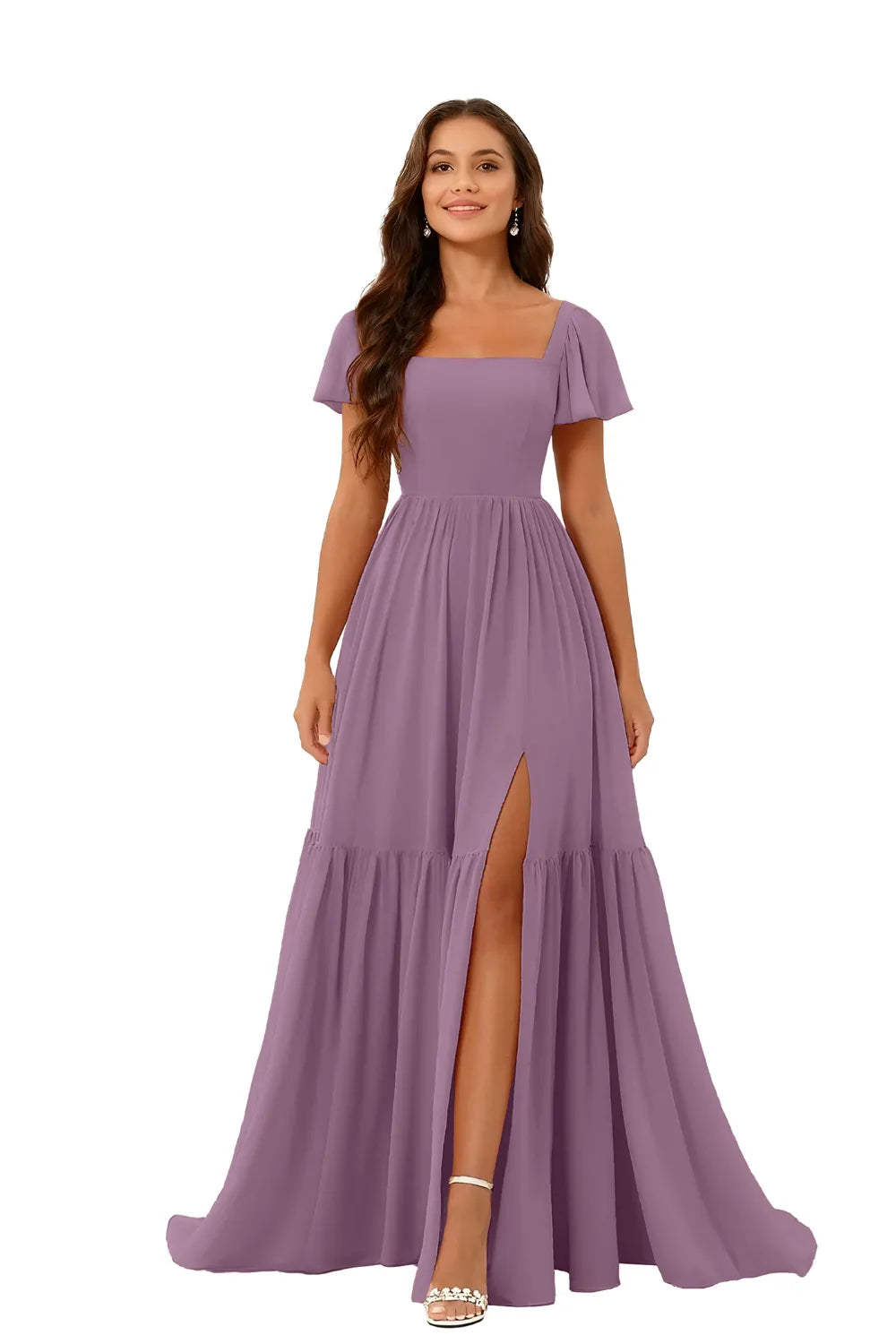 Square Neck Chiffon Bridesmaid Maxi Dress