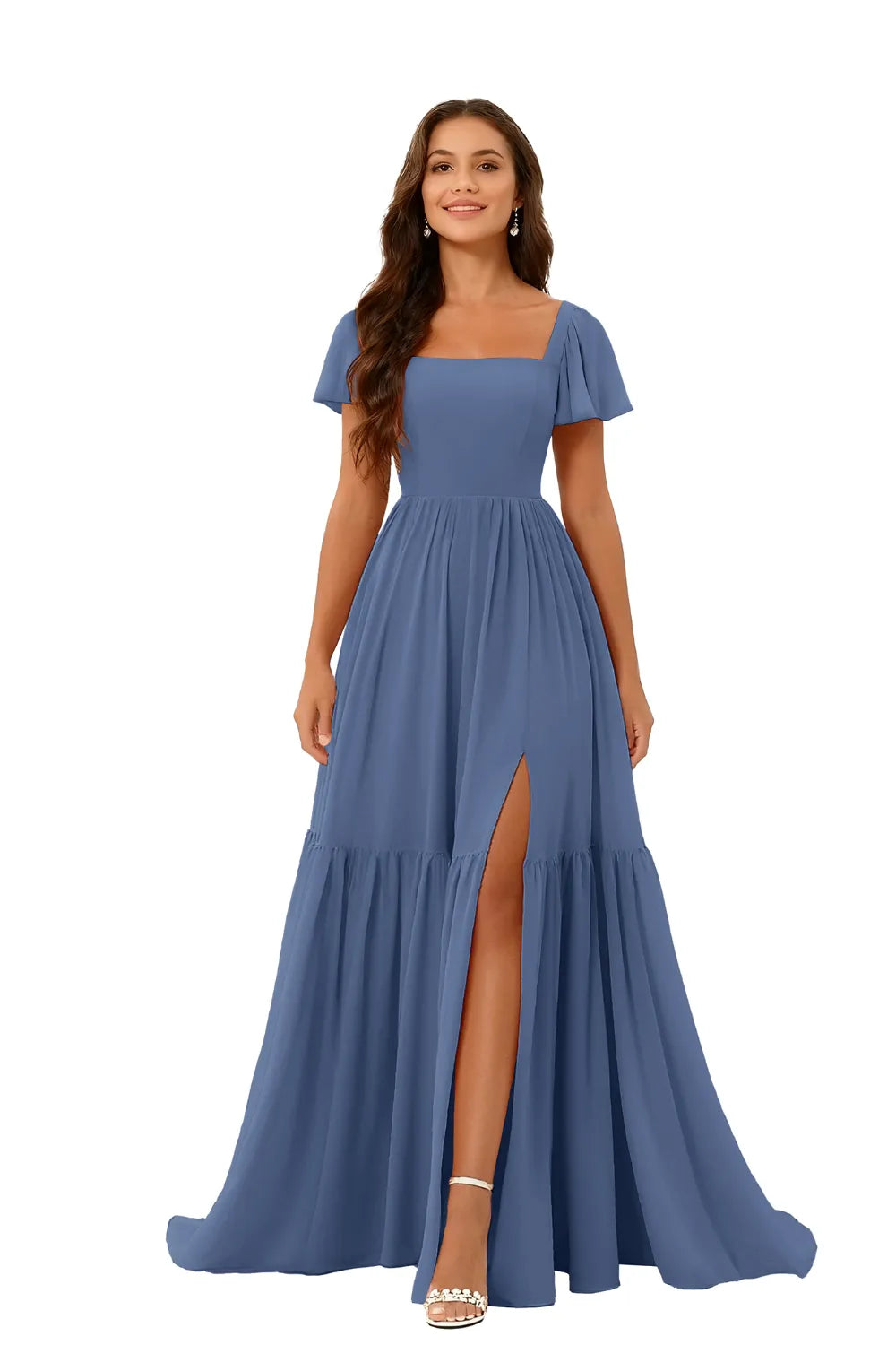Square Neck Chiffon Bridesmaid Maxi Dress