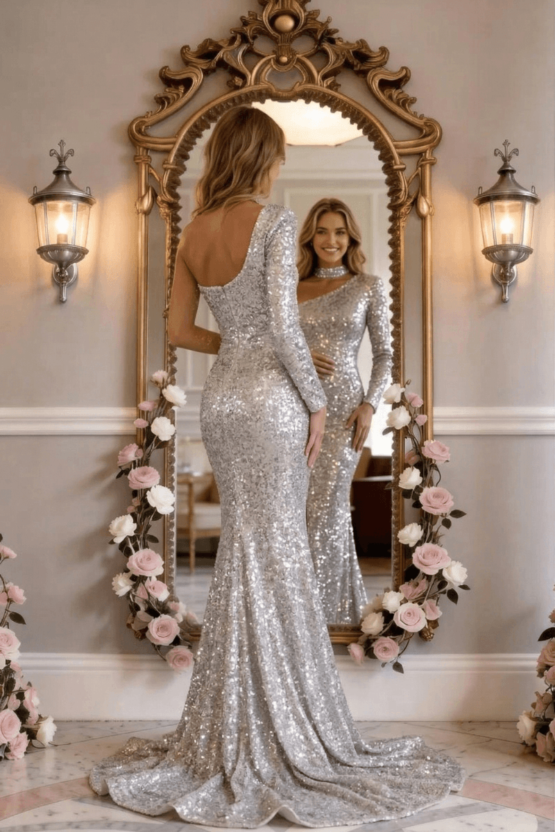 Starlight One‑Shoulder Sequin High Slit Evening Gown Prom Dress