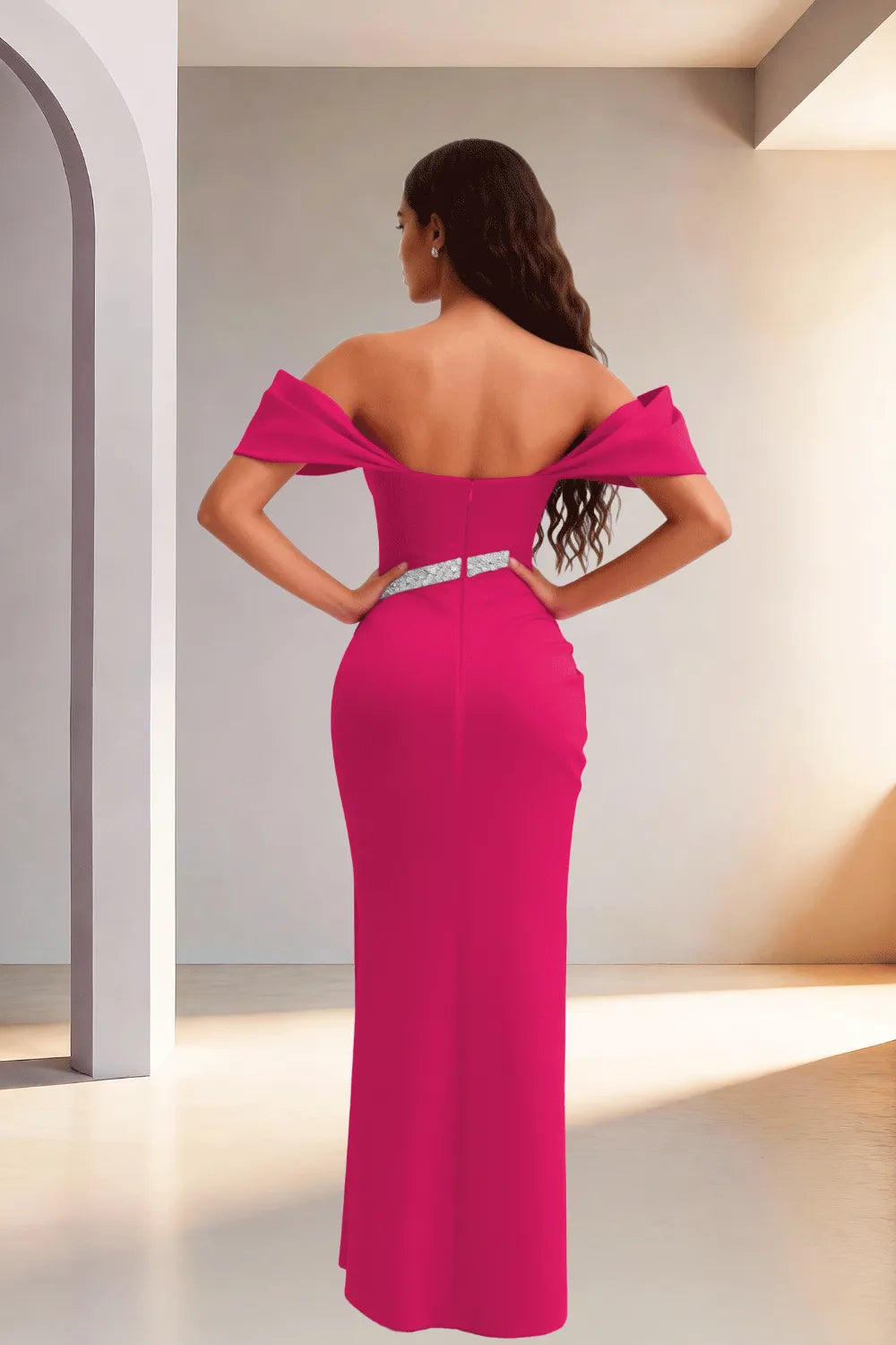 Off Shoulder High Slit Satin Evening Gown