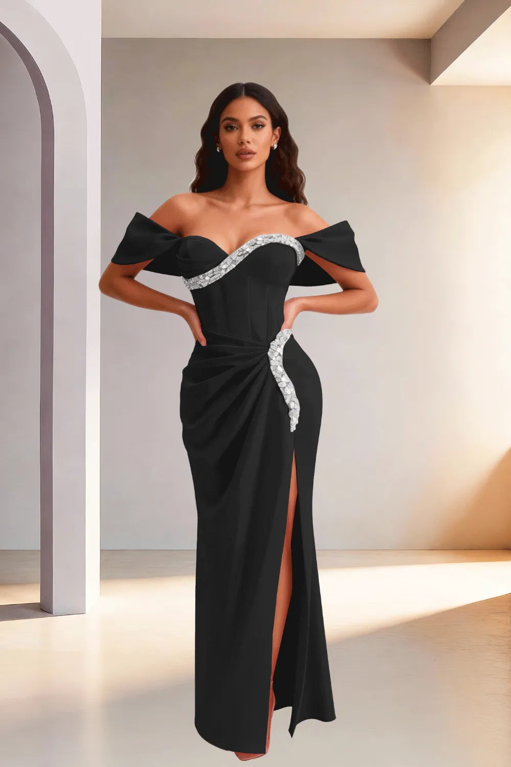 Off Shoulder High Slit Satin Evening Gown