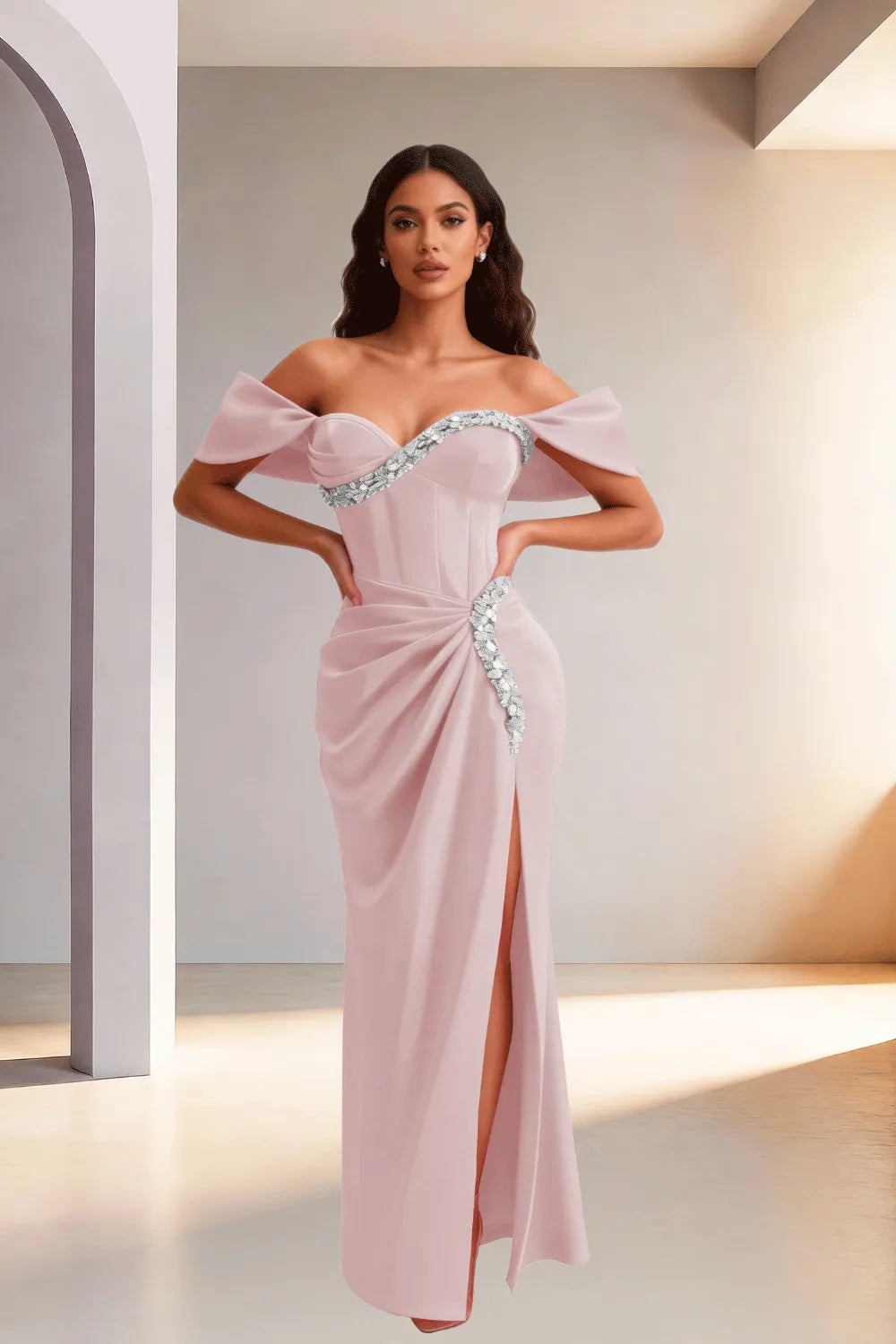 Off Shoulder High Slit Satin Evening Gown