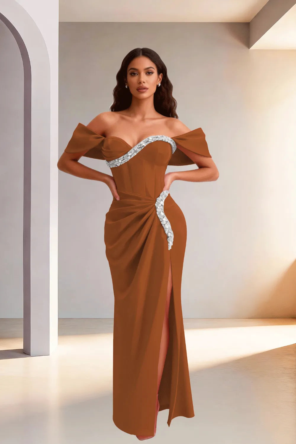 Off Shoulder High Slit Satin Evening Gown