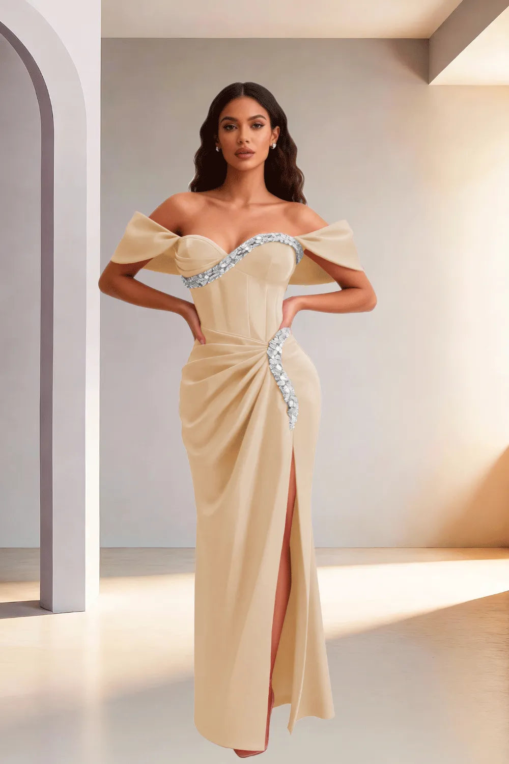 Off Shoulder High Slit Satin Evening Gown