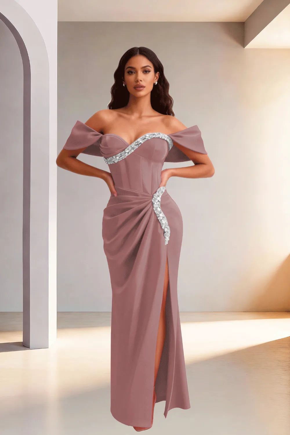 Off Shoulder High Slit Satin Evening Gown