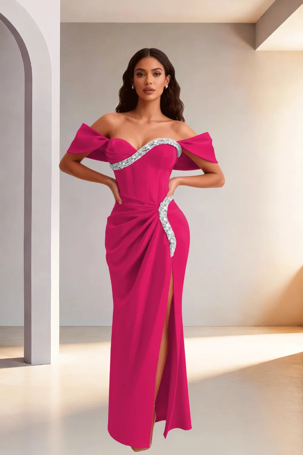 Off Shoulder High Slit Satin Evening Gown