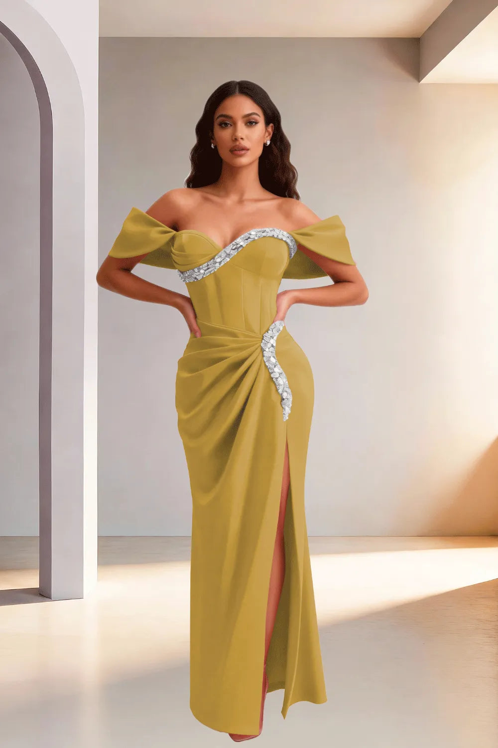 Off Shoulder High Slit Satin Evening Gown
