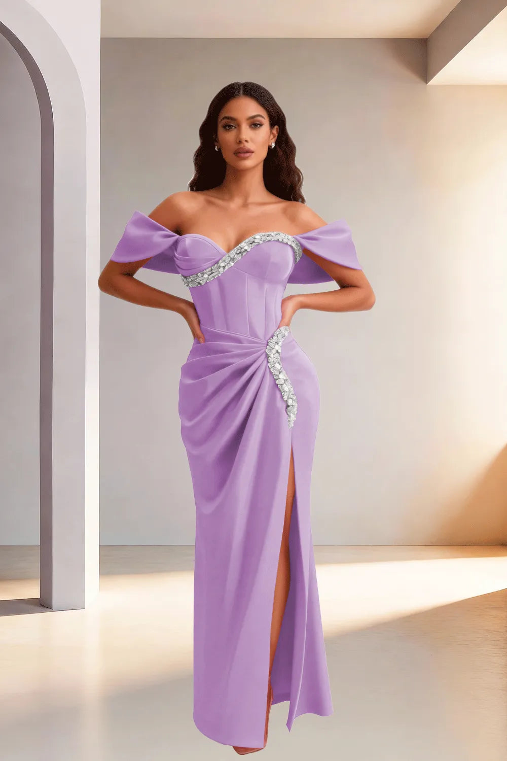 Off Shoulder High Slit Satin Evening Gown