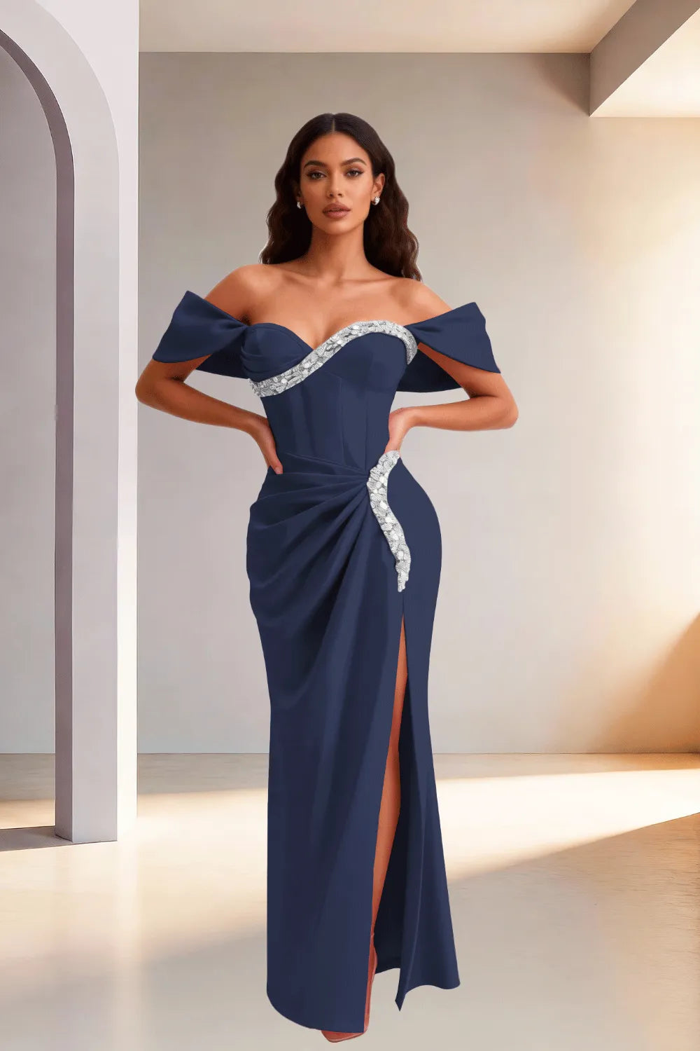 Off Shoulder High Slit Satin Evening Gown