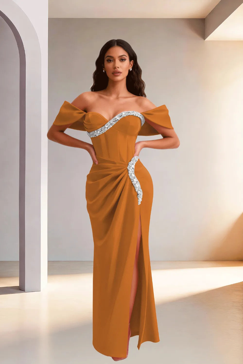 Off Shoulder High Slit Satin Evening Gown