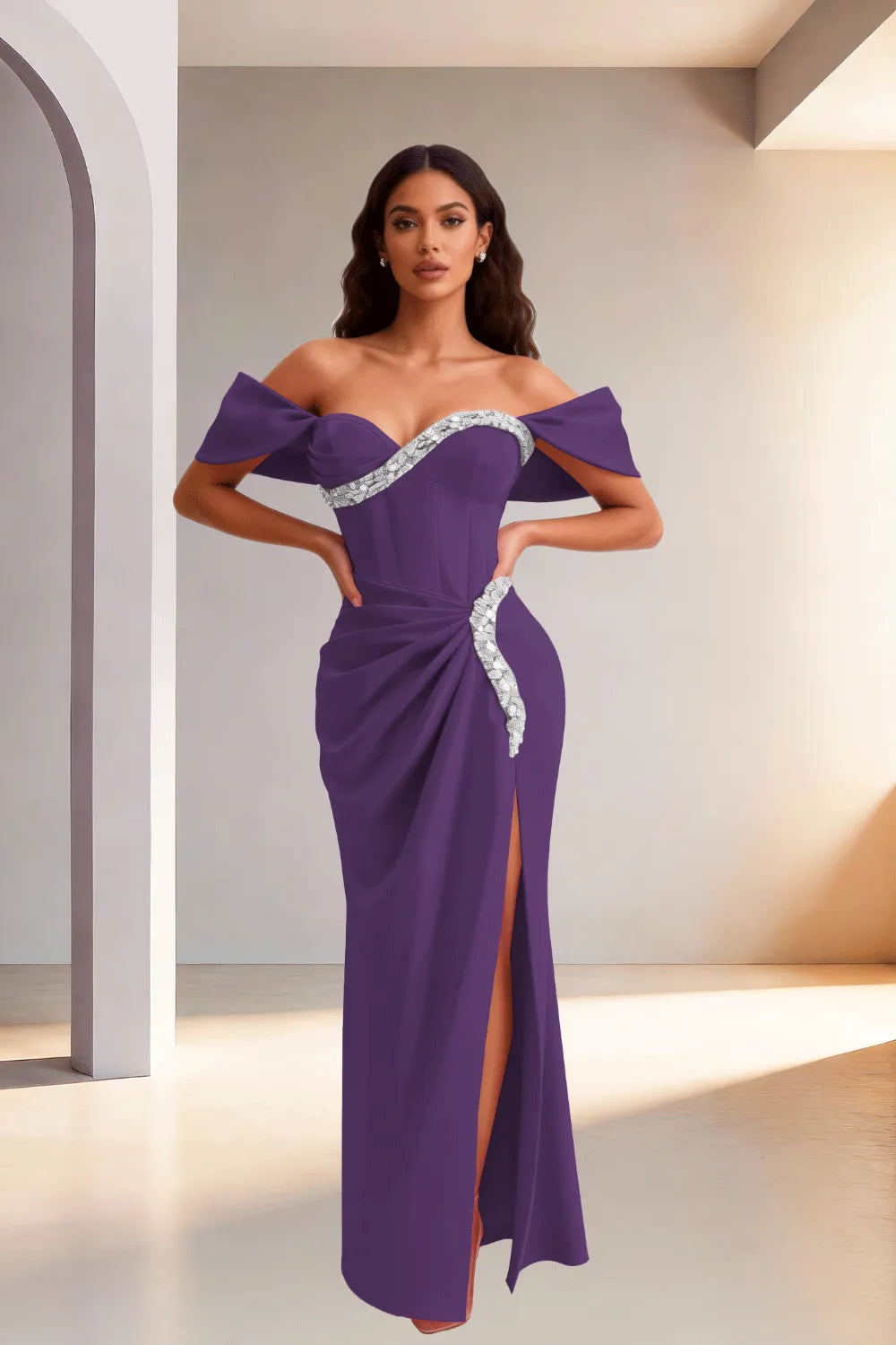 Off Shoulder High Slit Satin Evening Gown