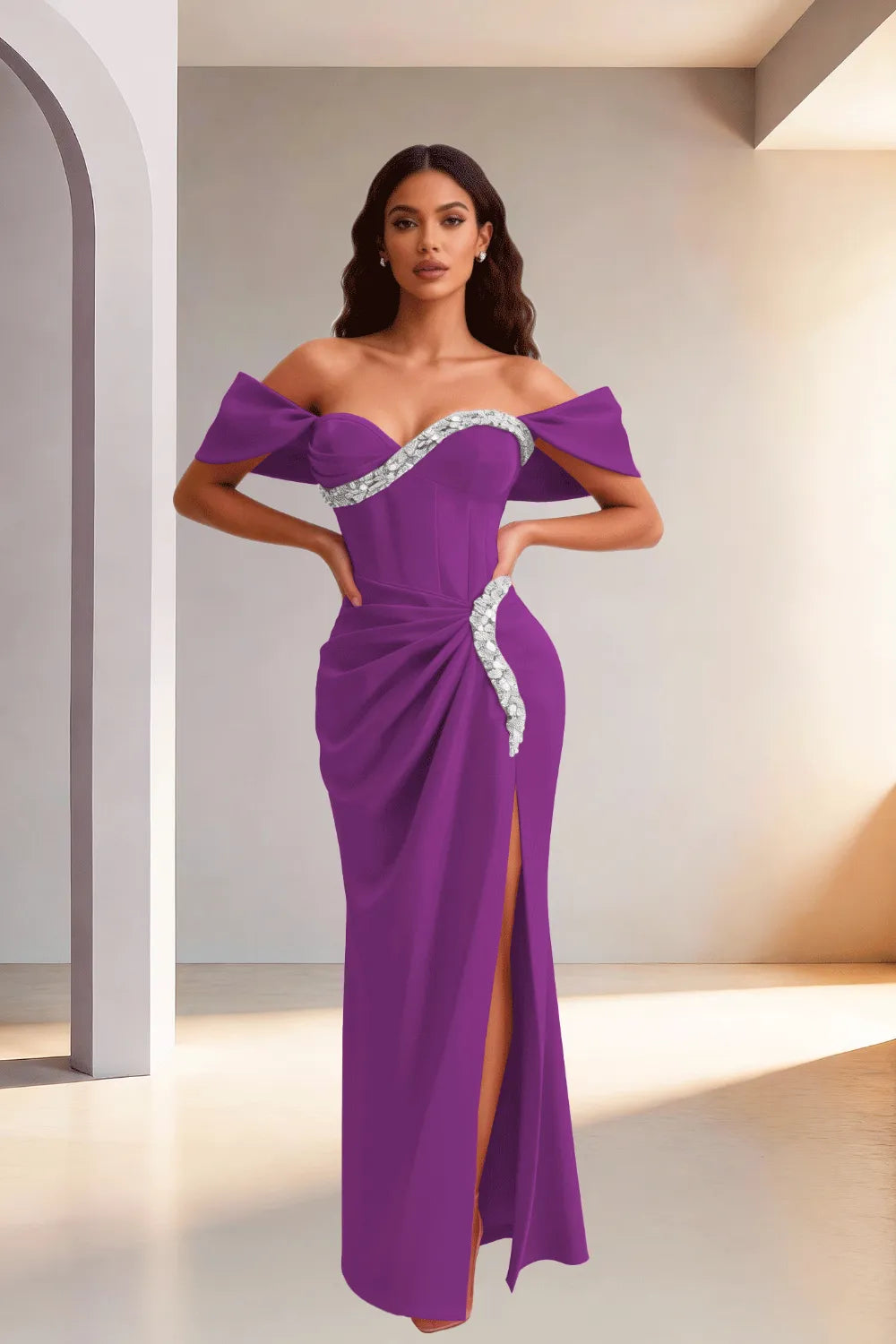 Off Shoulder High Slit Satin Evening Gown
