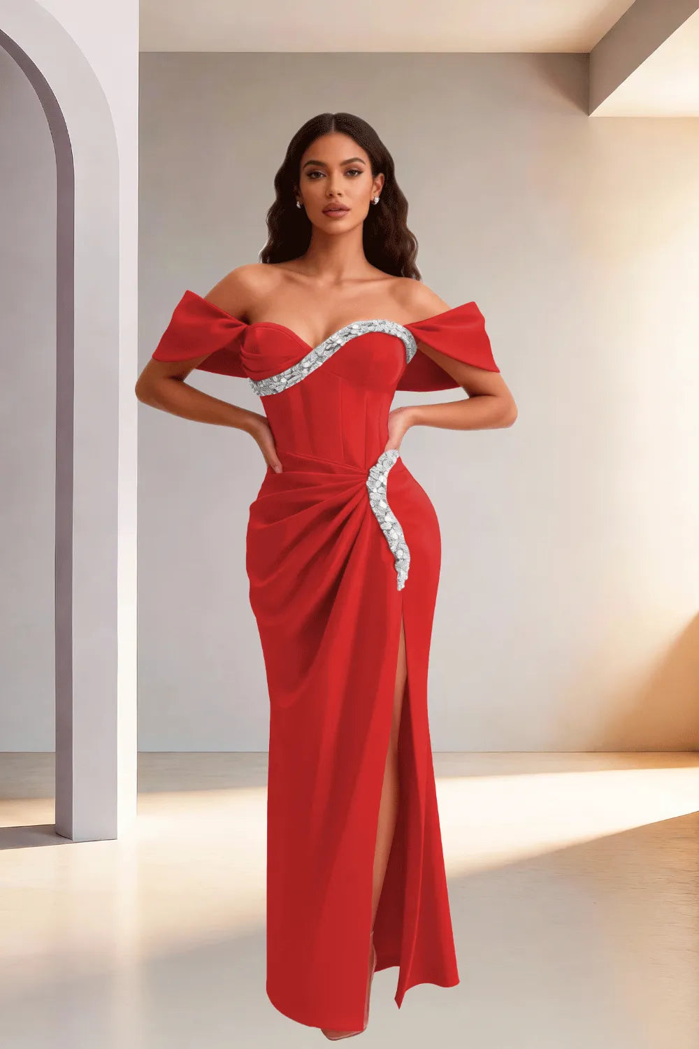Off Shoulder High Slit Satin Evening Gown