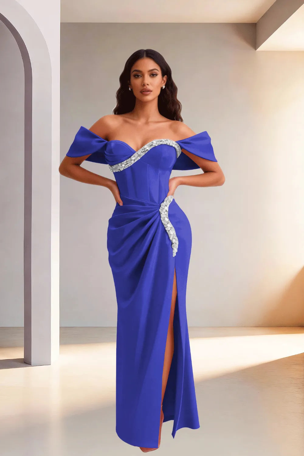 Off Shoulder High Slit Satin Evening Gown