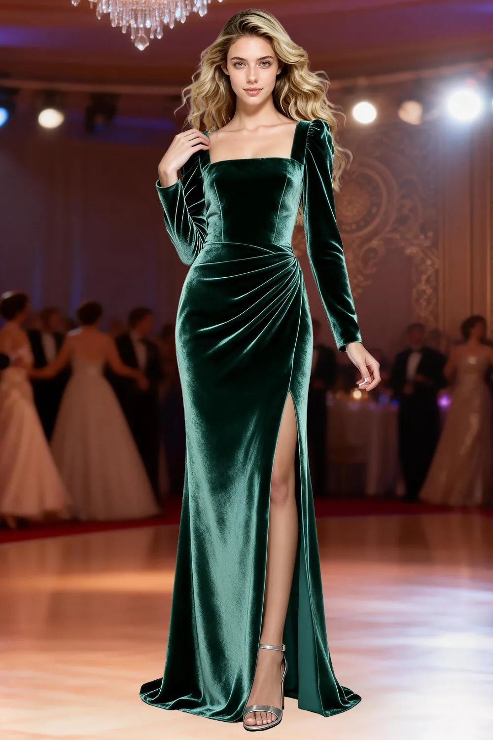 Velvet Symphony Long Sleeve Slit Evening Gown
