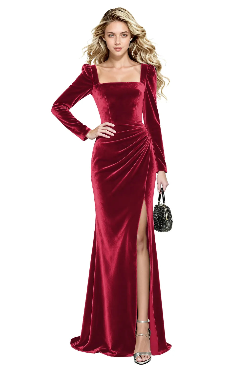 Velvet Symphony Long Sleeve Slit Evening Gown