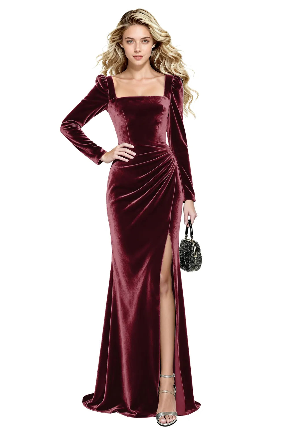 Velvet Symphony Long Sleeve Slit Evening Gown
