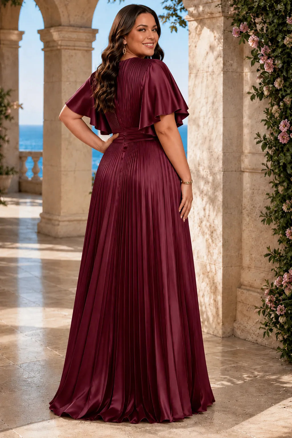 Flowy Pleated Satin Maxi Evening Dress
