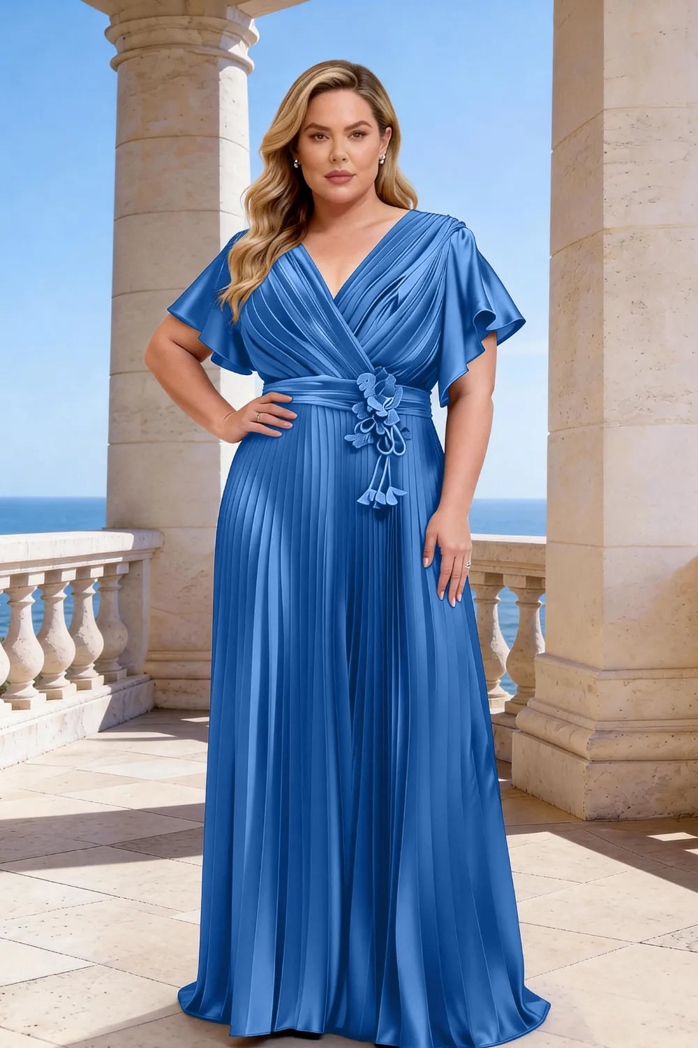 Flowy Pleated Satin Maxi Evening Dress