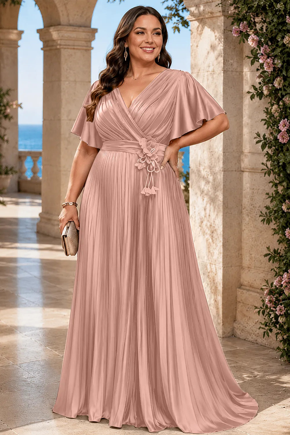Flowy Pleated Satin Maxi Evening Dress