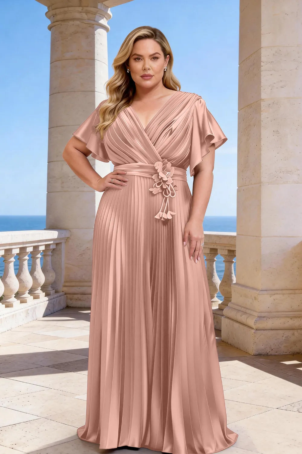 Flowy Pleated Satin Maxi Evening Dress