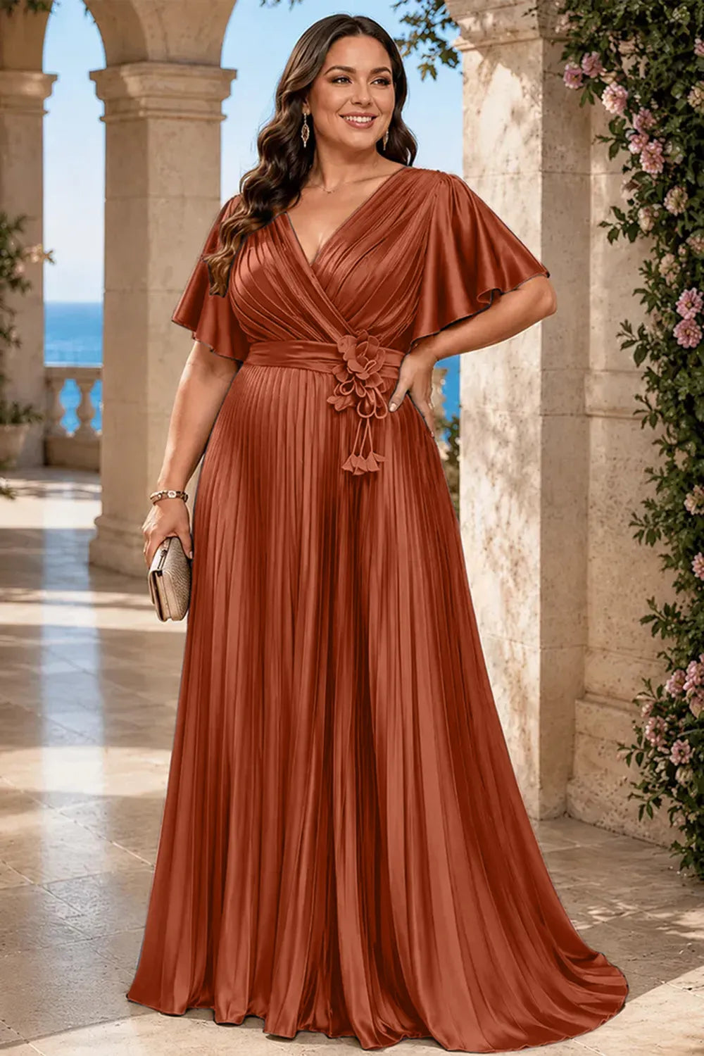 Fließendes, plissiertes Satin-Maxikleid für den Abend