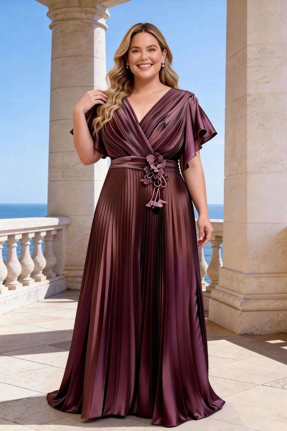 Flowy Pleated Satin Maxi Evening Dress