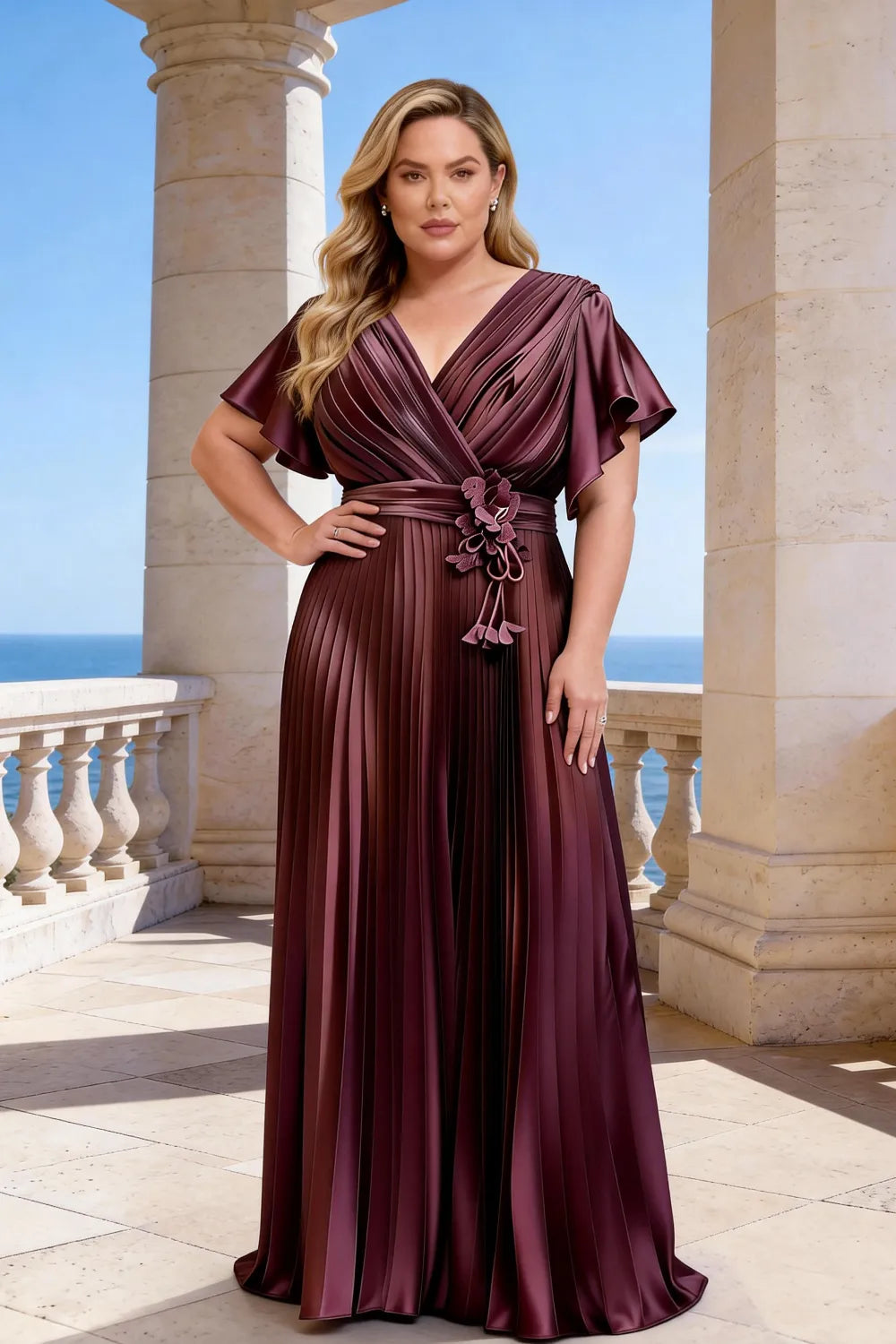 Flowy Pleated Satin Maxi Evening Dress