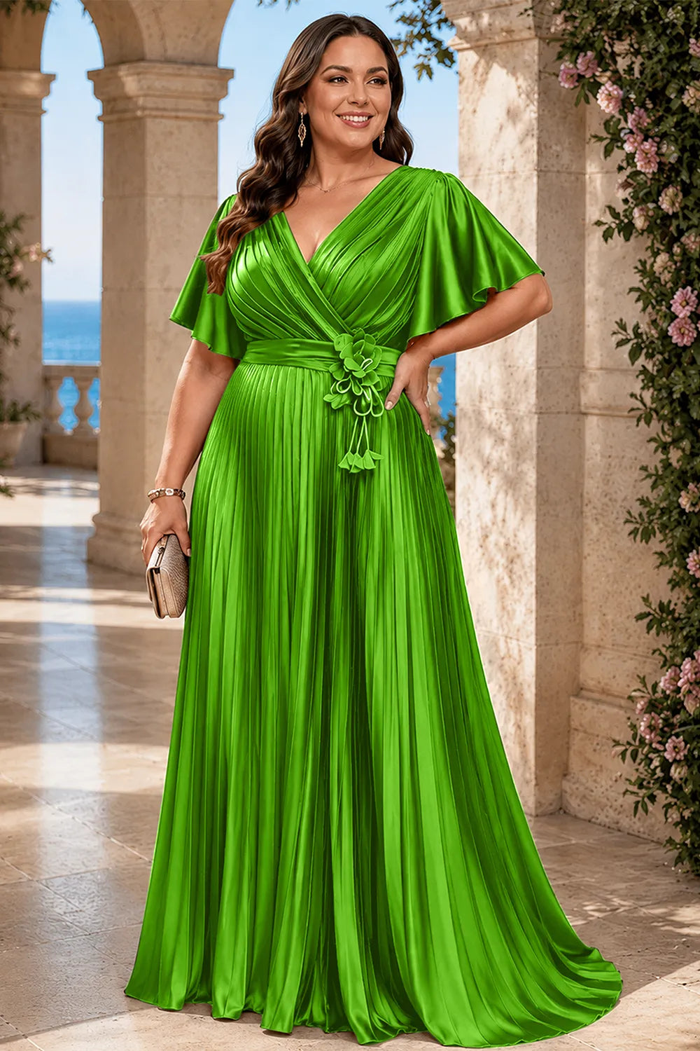 Flowy Pleated Satin Maxi Evening Dress