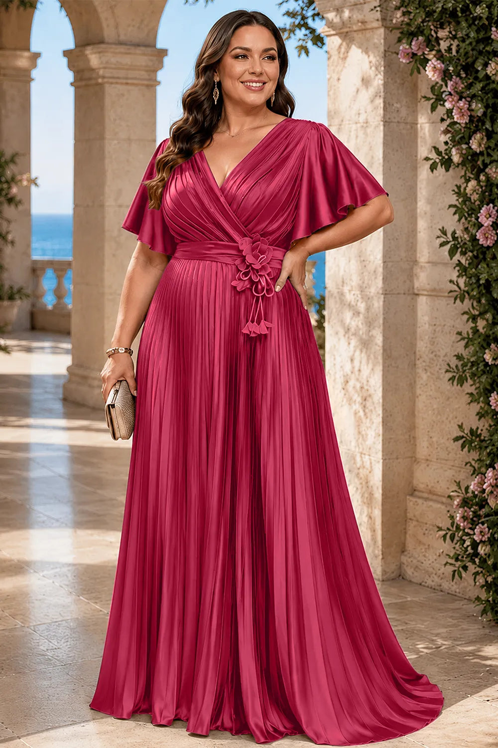 Flowy Pleated Satin Maxi Evening Dress