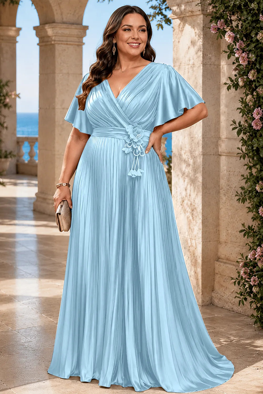 Flowy Pleated Satin Maxi Evening Dress