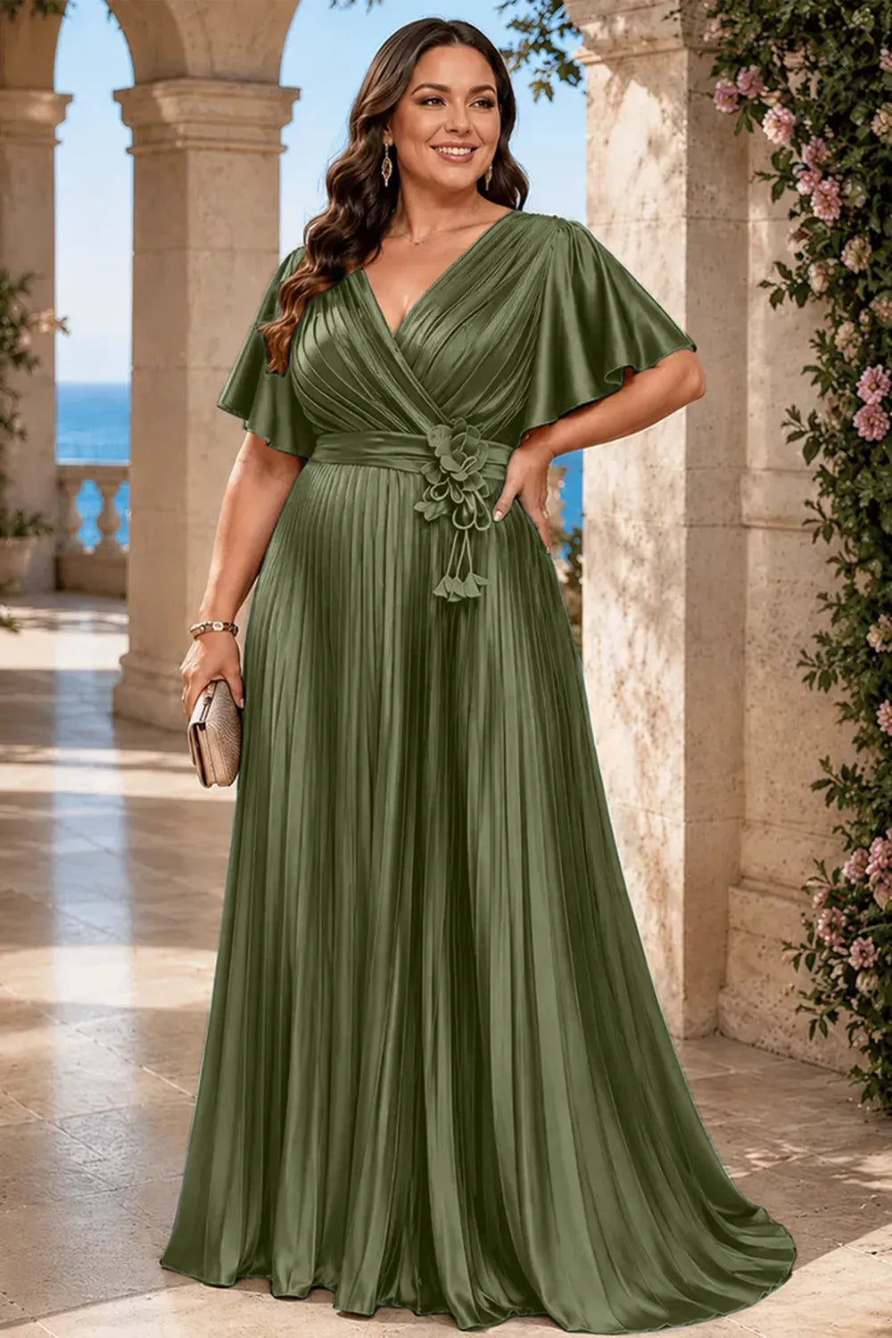 Fließendes, plissiertes Satin-Maxikleid für den Abend
