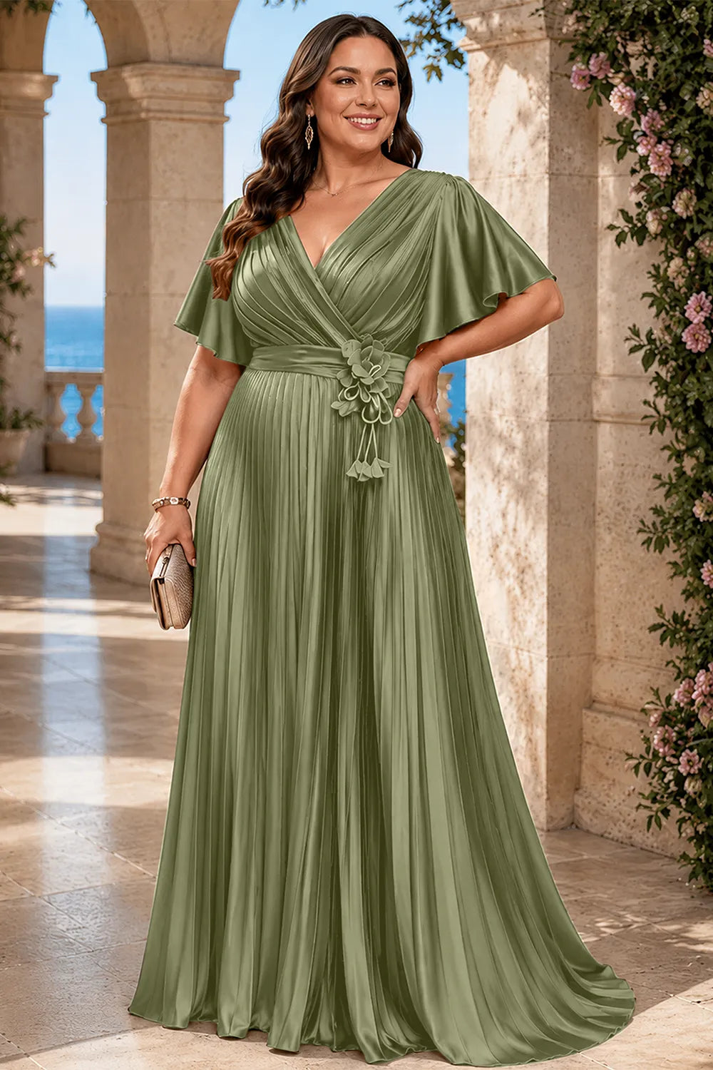 Flowy Pleated Satin Maxi Evening Dress