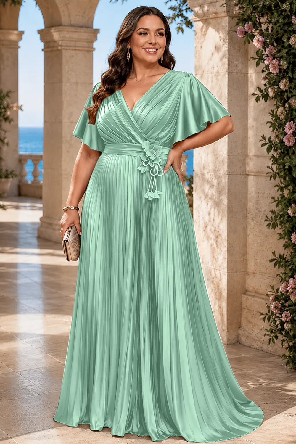 Flowy Pleated Satin Maxi Evening Dress
