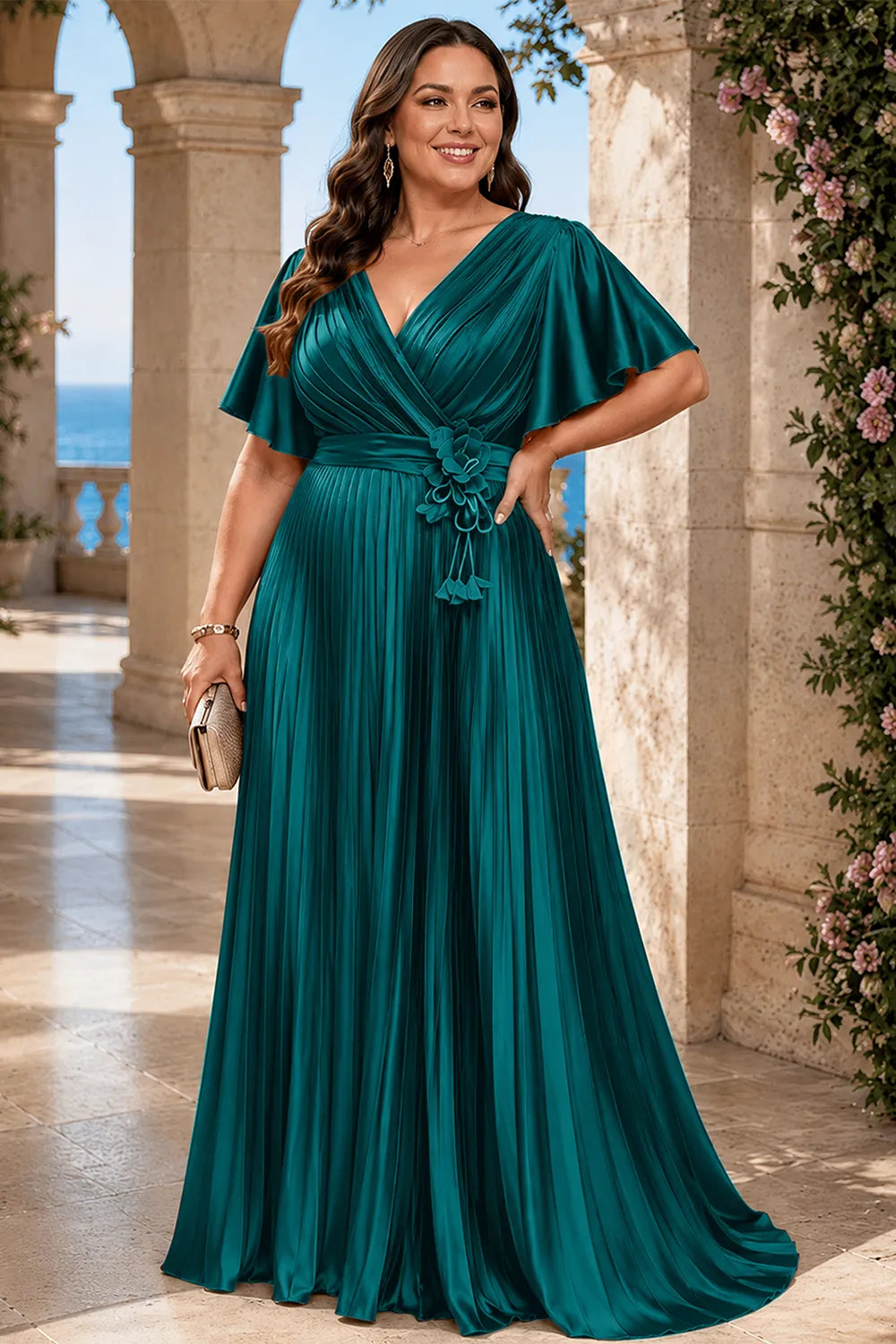 Flowy Pleated Satin Maxi Evening Dress