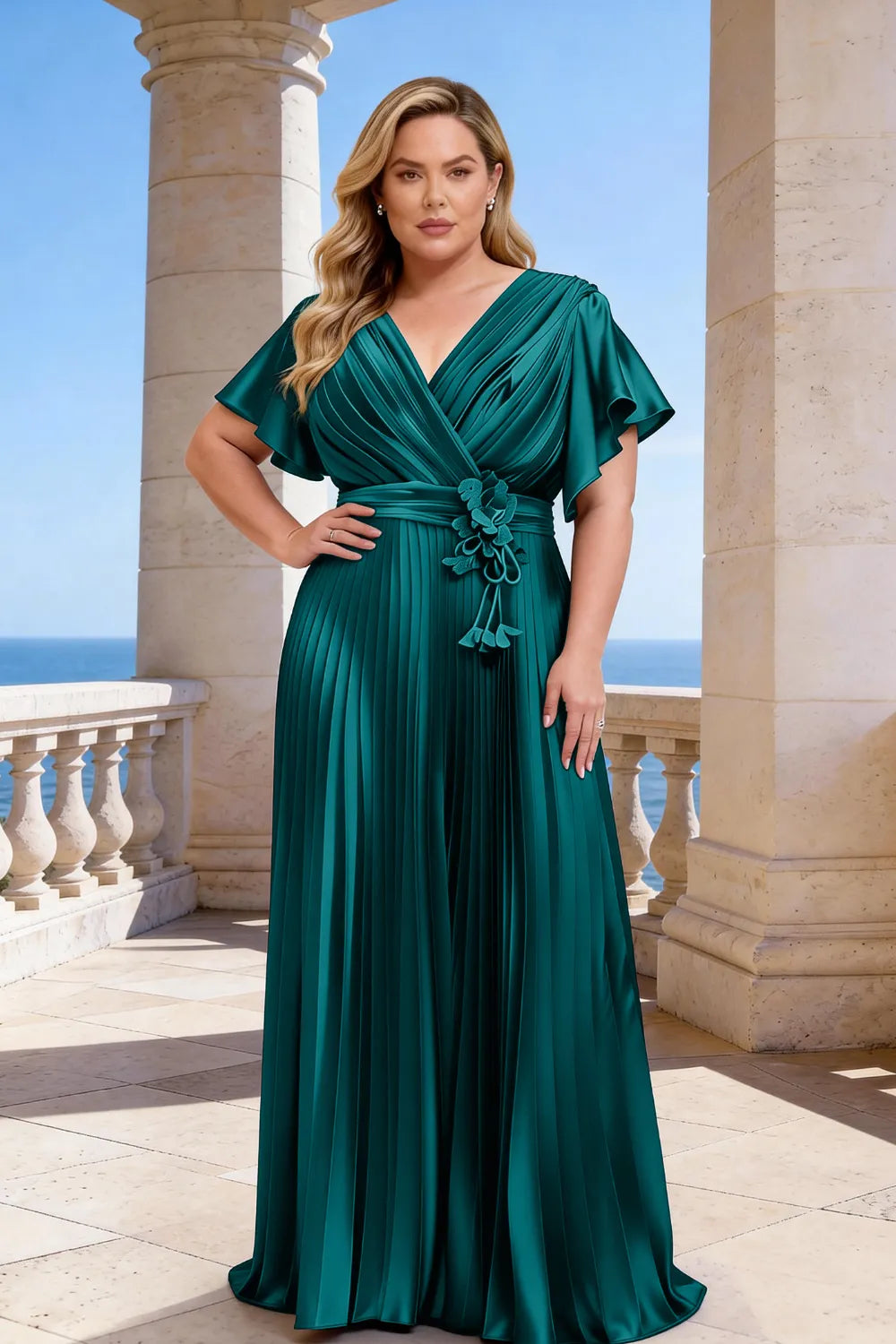Flowy Pleated Satin Maxi Evening Dress