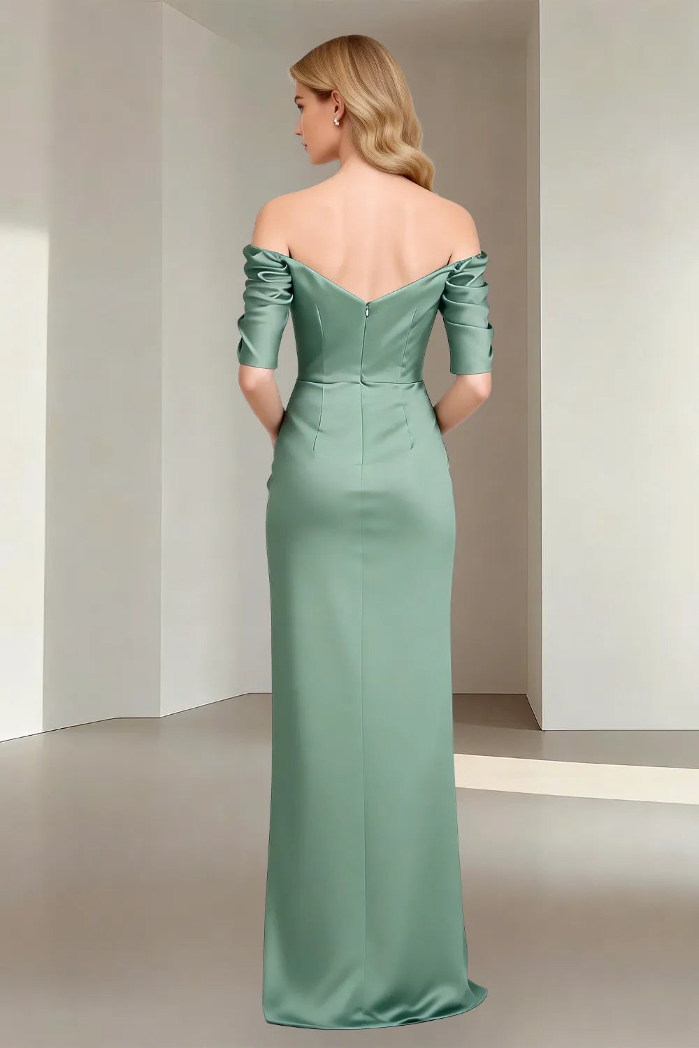 Off Shoulder Ruched Satin Bridesmaid Gown with Slit